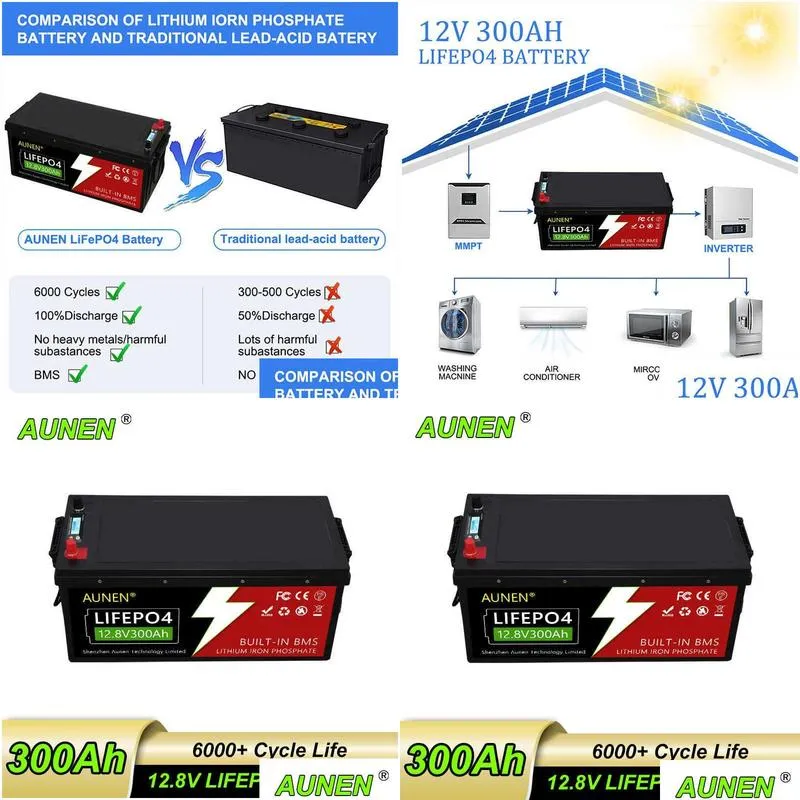 Batteries Aunen 12V Lithium Ion Batterie Phosphate 12V100Ah 12V200Ah