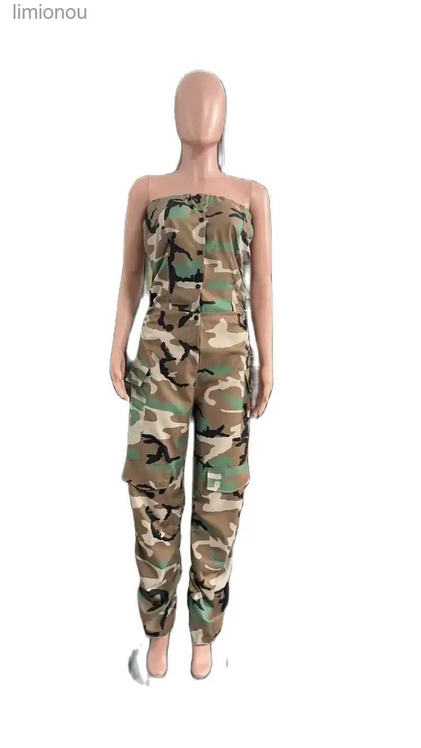 Kvinnors jumpsuits rompers sommar sexig camo jumpsuit jean denim 2023 kvinnor kläder y2k streetwear one bit jean bodycon pocket pant kamouflage jumpsuitl240112