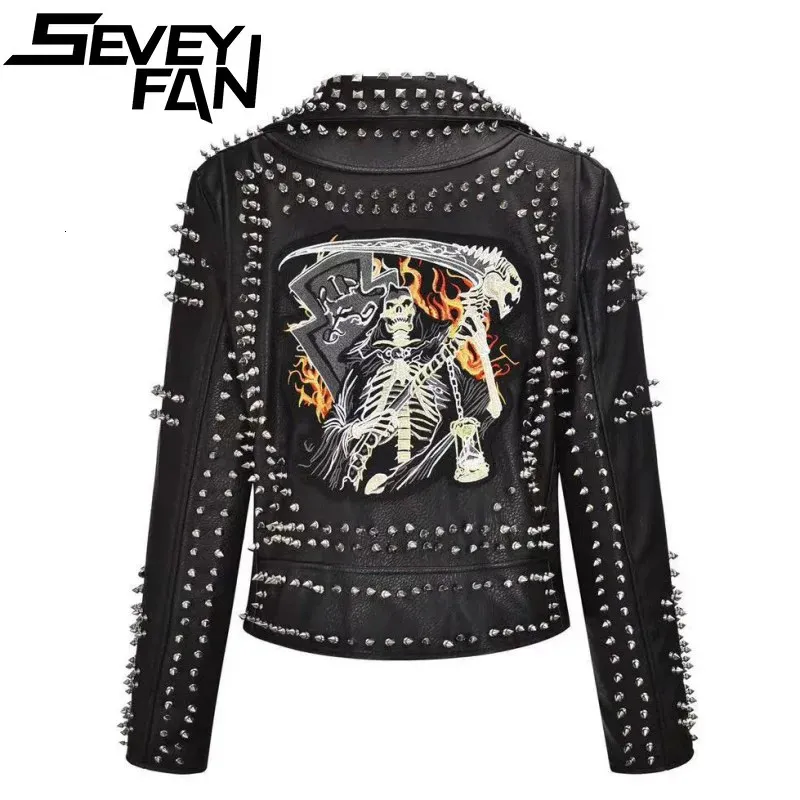 SEVEYFAN Klinknagel Death Patch PU Leer Punk Rock Jassen Slanke Motocycle 3D Sketelon Patroon Uitloper met Riem Mannelijke Vrouwelijke 240112