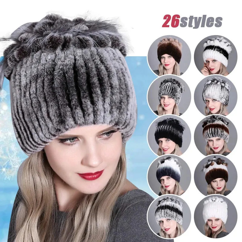 Women Winter Warm Rex Rabbit Fur Hats Real Hat Female Snow Ski Caps Bomber Lady Elegant Knitted Beanies Cap 240111