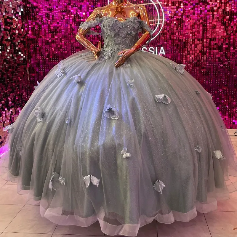 2024 сексуальное милое платье принцессы Quinceanera, кружевное платье-бабочка с бантом и бусинами, корсет с открытыми плечами, Vestidos De 15 Anos