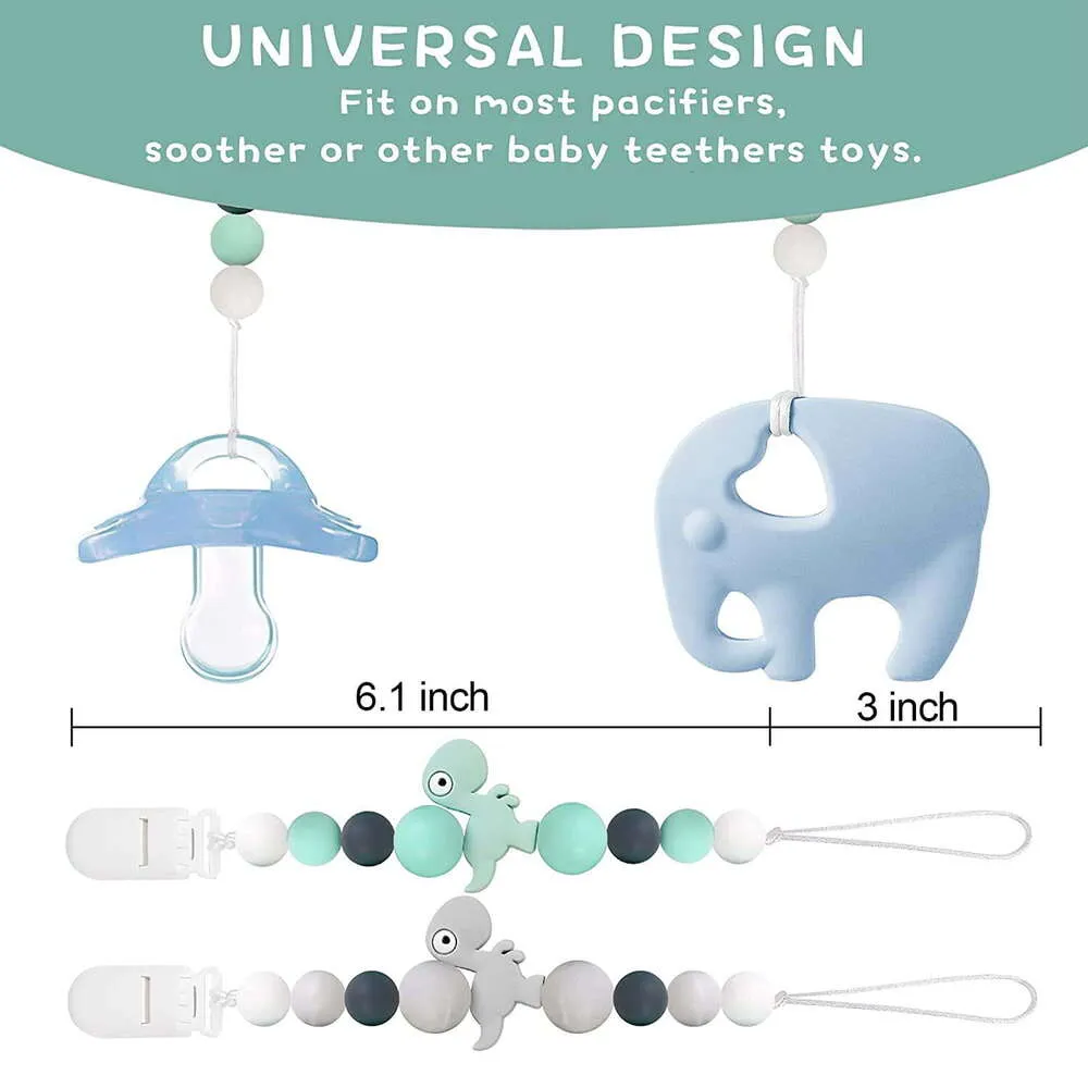 Clipes suporte de chupeta de silicone universal de qualidade alimentar para meninas brinquedos de dentição 2 pacotes verde + cinza