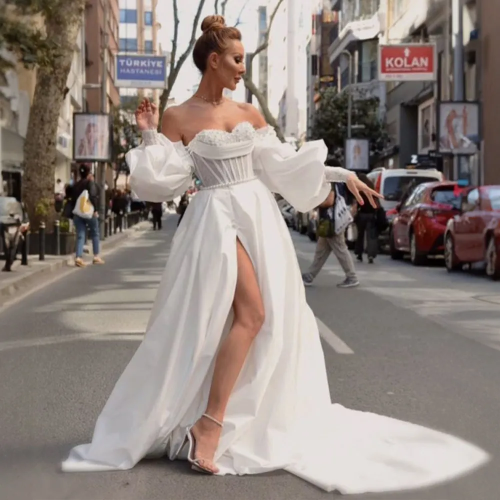 Romantic Wedding Dresses for Woman Sweetheart Puffy Sleeve Bridal Gown Thigh High Slits A Line Wedding Dress