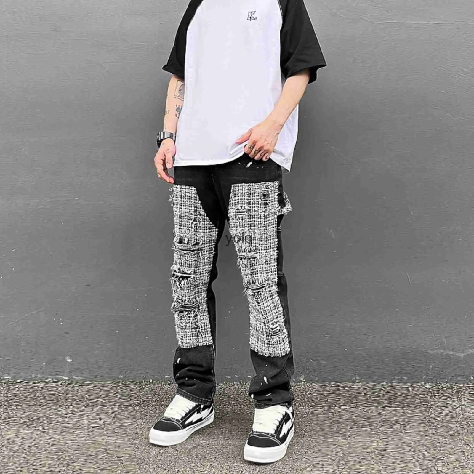 Herren Jeans Bla White Cheered Patchwork Straight Leg Denim Hose Männer Hip Hop Splashed Ink Logging Pants Jeans Slim Fit Washed Tornyolq