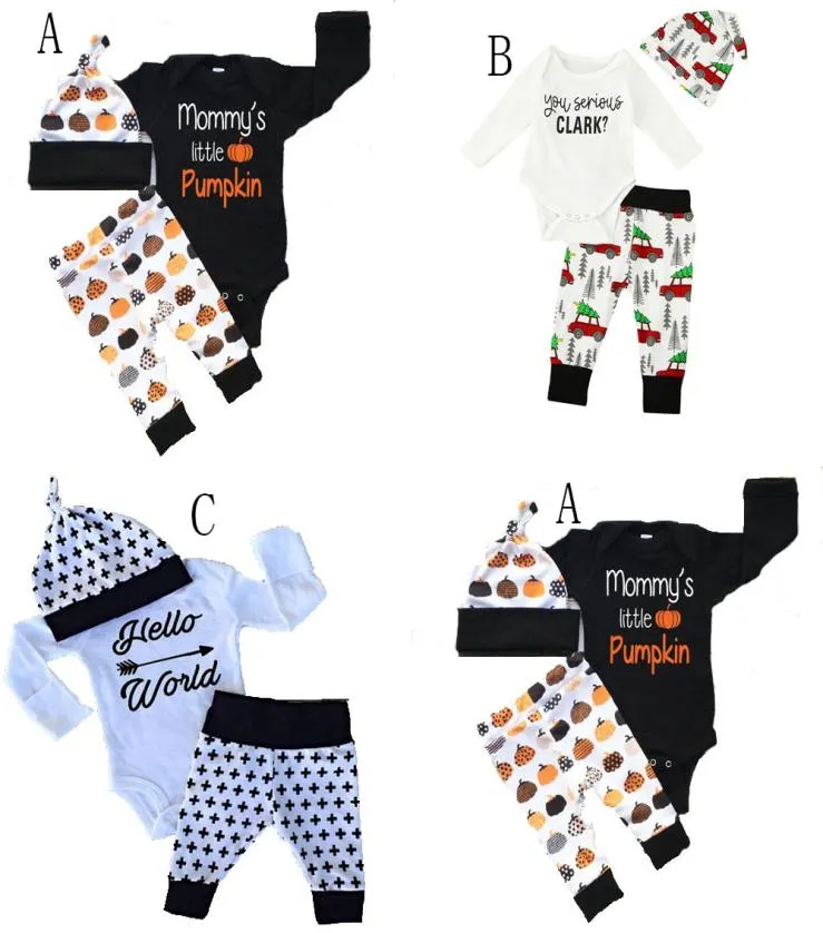 Baby Xmas Halloween zucca abiti bambini auto albero di Natale stampa hatromperpants 3 pezzi set bambini abiti in cotone 3 stili C24567251876