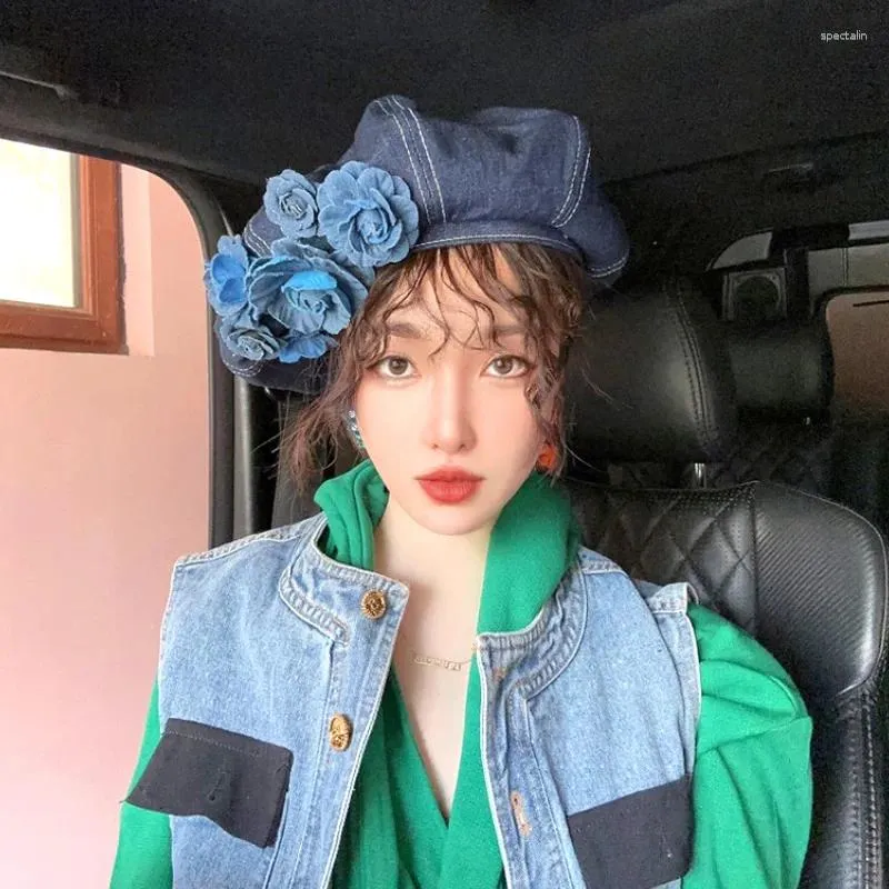 Berets vintage flor denim boina chapéus primavera outono feminino na moda mulheres artista pintor bonés casuais y2k estilo coreano meninas