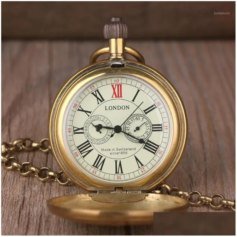 Taschenuhren Vintage Retro Kupferuhr Männer Legierung London Mechanisch mit Metallkette Steampunk Roman1 Drop Lieferung OTHHC