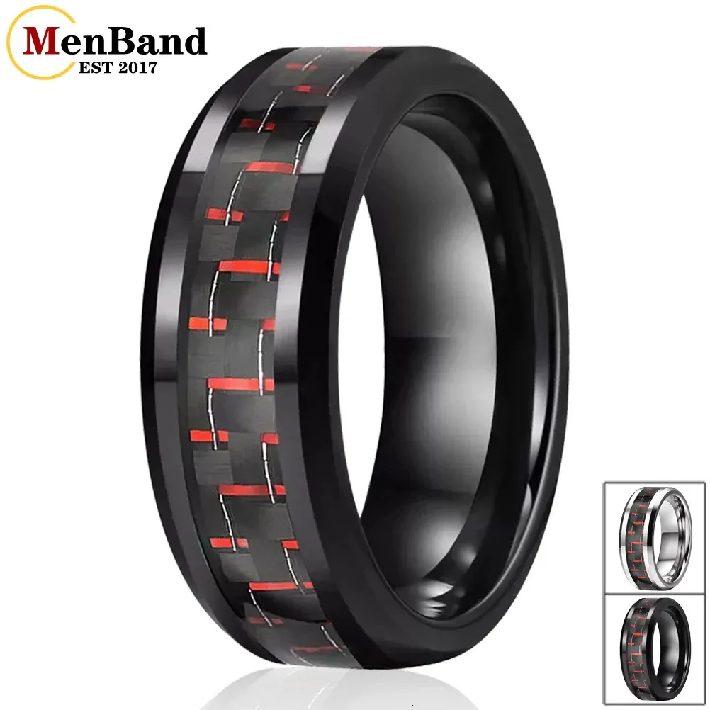 MenBand Fashion 8mm Tungsten Carbide Rings for Men Women Wedding Band BlackRed Carbon Fiber Inlay Beveled Polishing Comfort Fit 240112