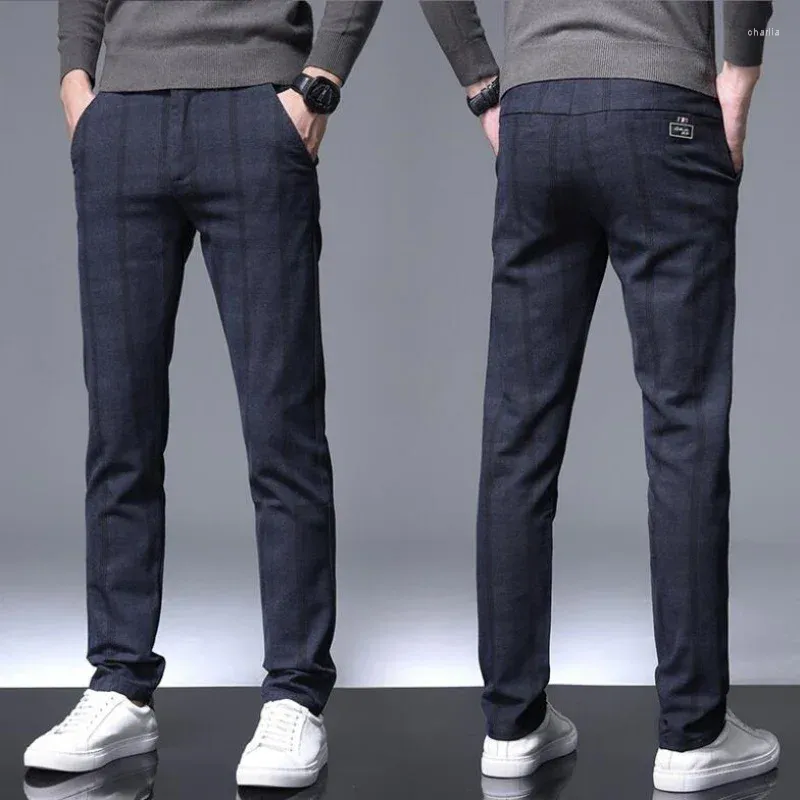 Мужские брюки 2024, осень-зима, клетчатые рабочие эластичные мужские деловые модные тонкие толстые серо-синие повседневные брюки, мужские брендовые брюки 28-38