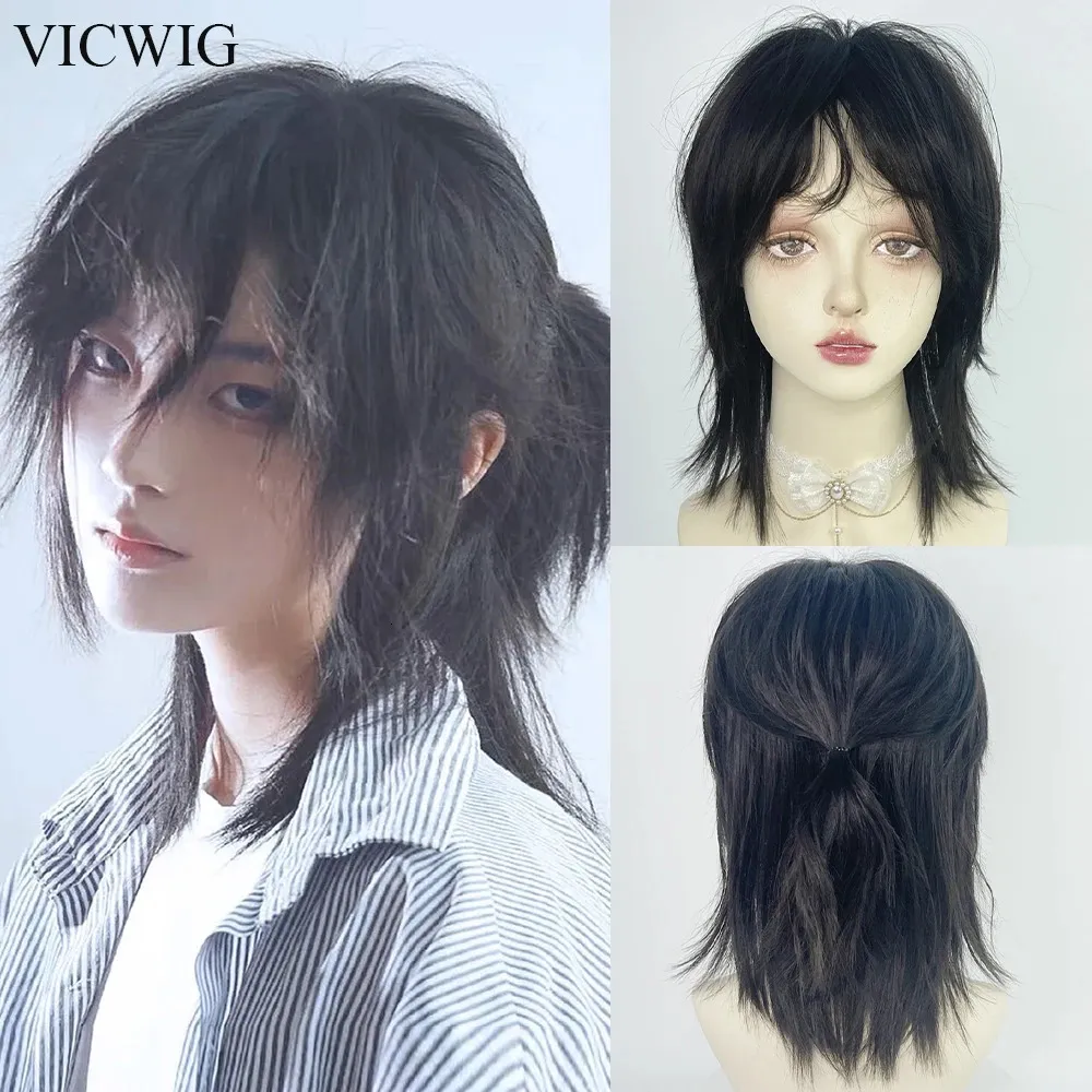 VICWIG Mullet Head Wig Short Synthetic Straight Black Fluffy Natural Wolf Tail Hair Men and Women Wig for Daily Party Cosplay 240111
