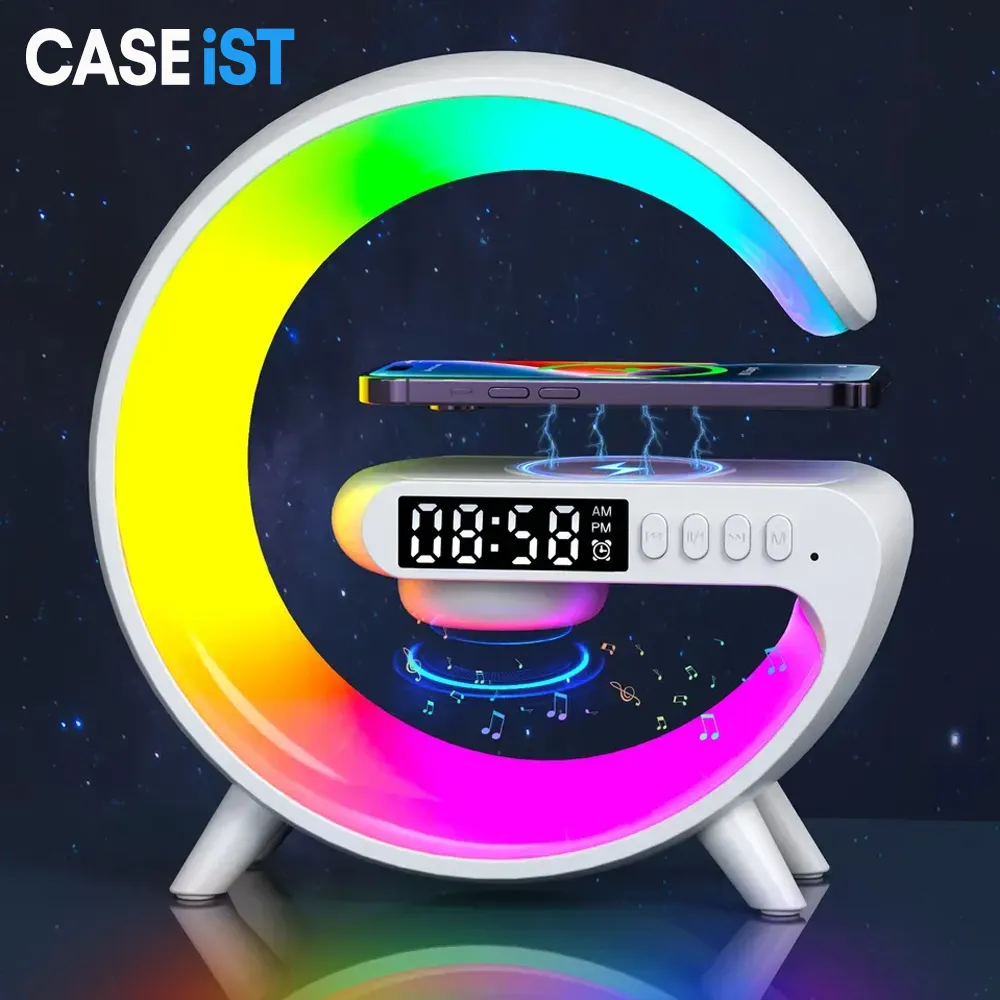 OEM 2024 Small Wireless Fast Charger Bluetooth Speaker Qi Phone Multifunctional White Noise Wake up RGB Night Light Smart Lamp LED Alarm Clock Desk Table Xmas Gift