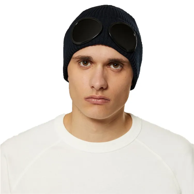 CP Deux Lentilles Lunettes Lunettes Mode Bonnets Chauds Hommes Chapeaux Tricotés Casquettes De Crâne En Plein Air Femmes Uniesex Hiver Bonnet Noir Gris Bonnet Gorros