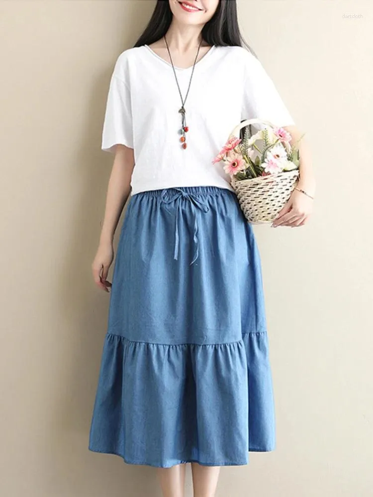 Skirts Denim Skirt Casual Slim Mid Waist A-line Pleated Designer Clothes Women Luxury Lace Up Splicing Midi 2024 Fashion