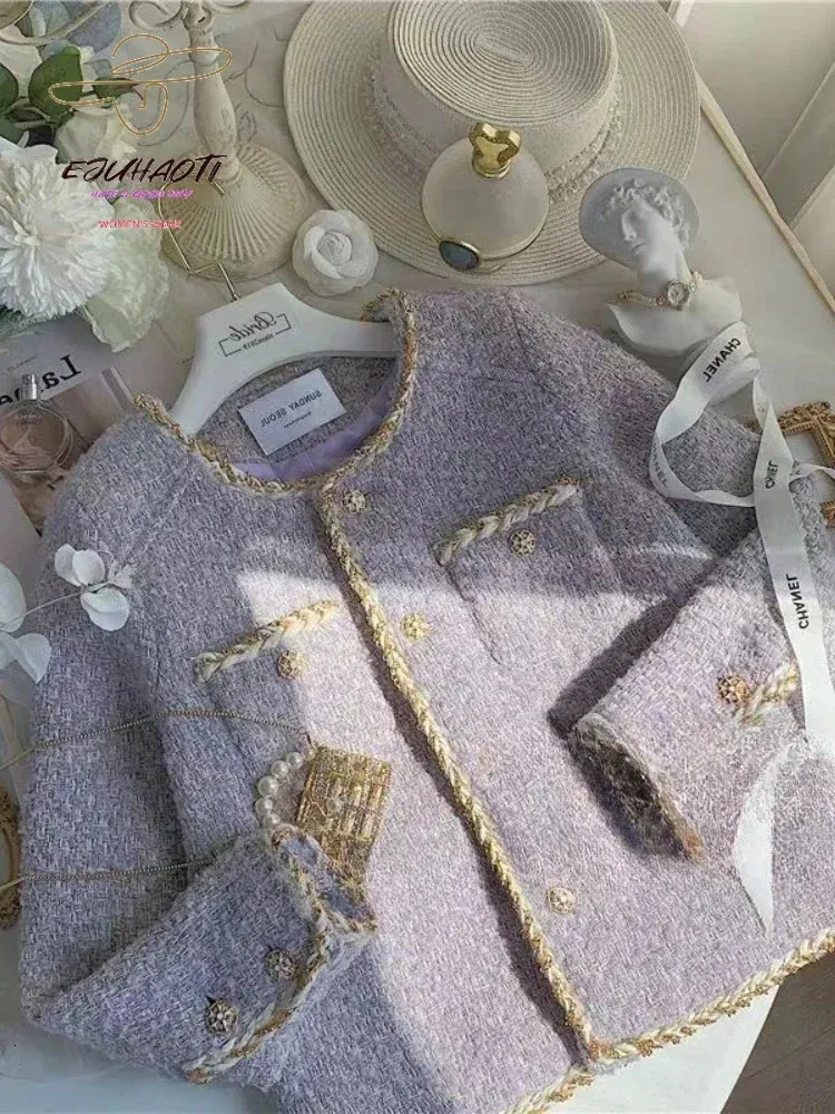 Kurtka damska Mała zapach lawendowa fioletowa tweed kardigan bluzki jesienne zima krótka koreańska moda odzież 240112