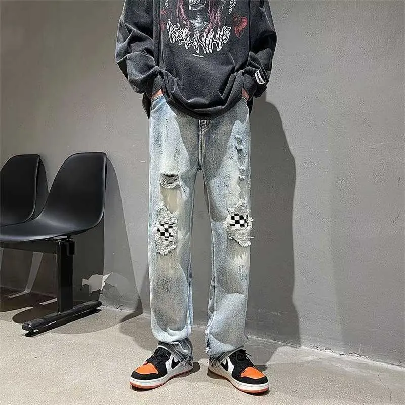 Men's Jeans High Street Broken Hole Washed Old Split Instagram Hip Hop Slim Fit Small Foot Patch Pants