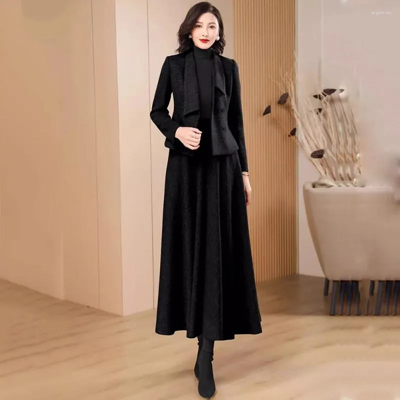 Work Dresses Women Black Woolen Skirt Suits Autumn Winter Fashion Elegant Chic Wool Blends Slim Blazer And High Waist A-Line Long