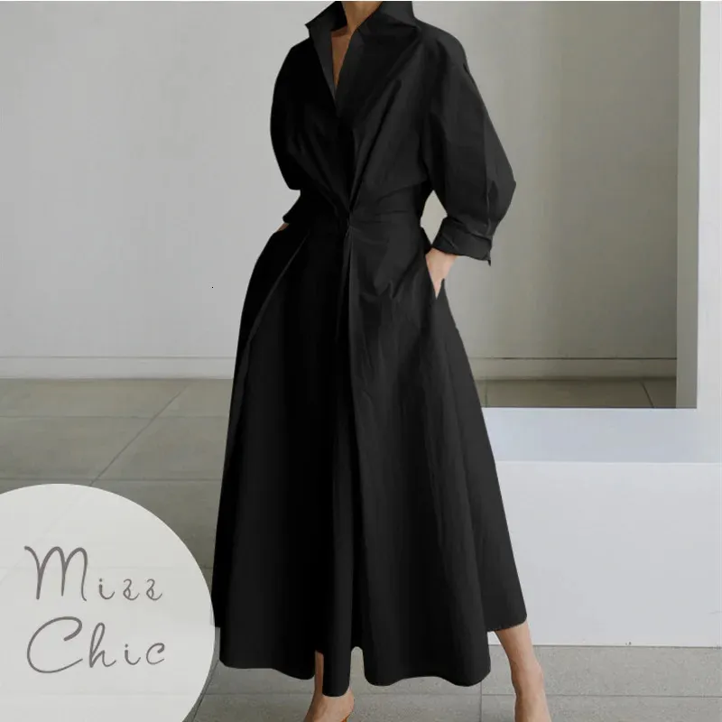 S5xl Korean Fashion Long Sleeve Shirt Dress Chic Turndown Neck Ruched Maxi Women Autumn Winter Clothes Streetwear 240111