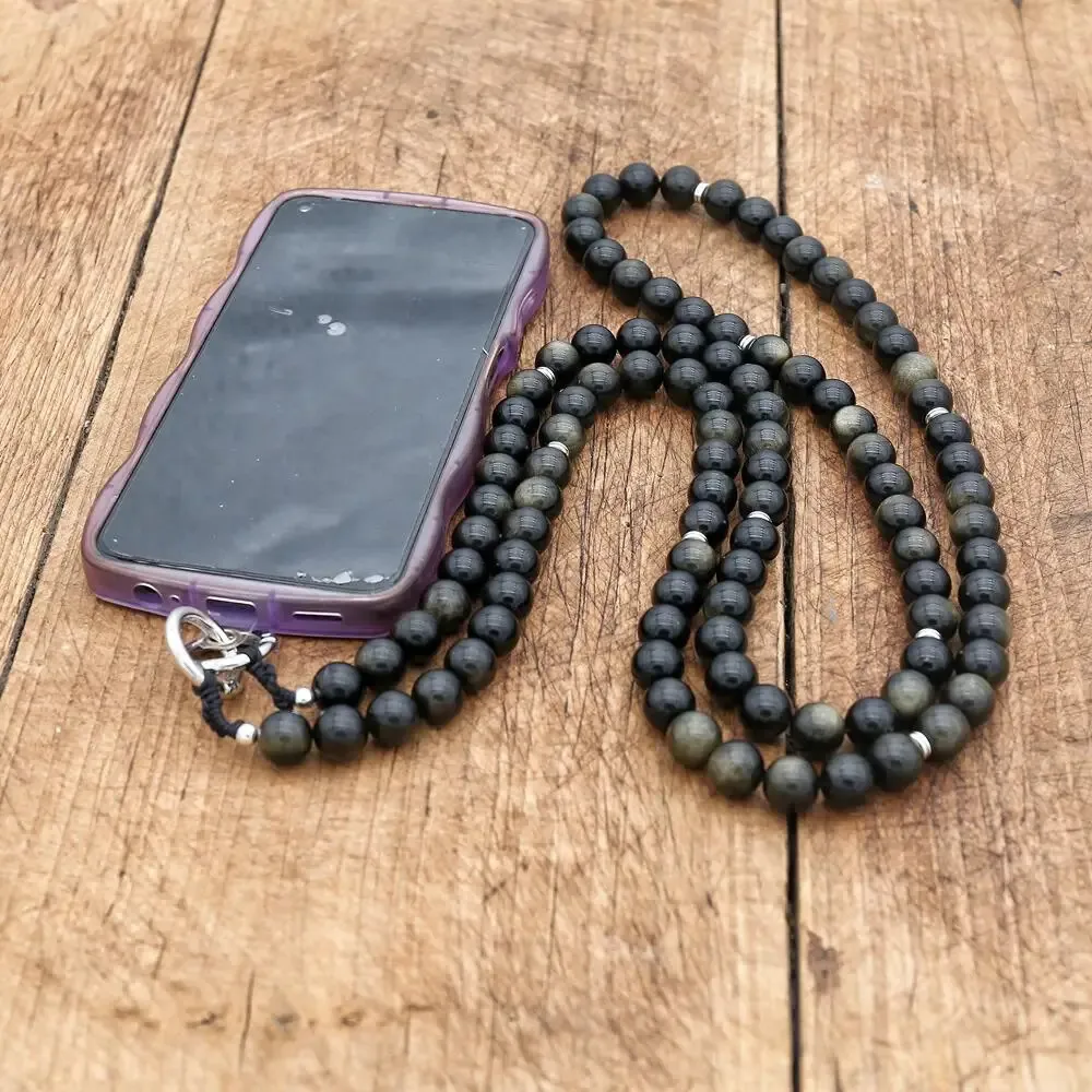 120CM Natural Stone Golden Obsidian Pendant Mobile Phone Lanyard Case Chain Beads Hanging Cord 240111