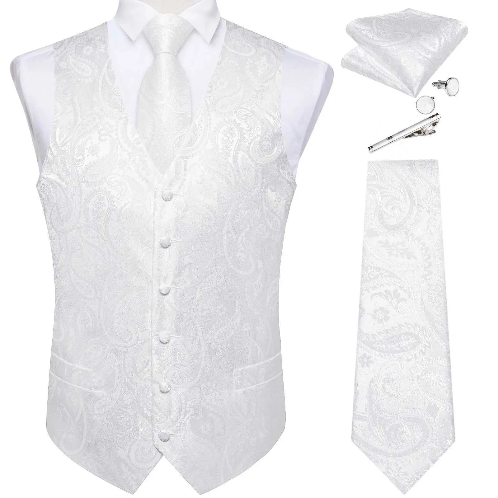 Herrenwesten Reinweiße Hochzeitsweste für Männer Ärmellose V-Ausschnitt Satin Weste Krawatte Einstecktuch Manschettenclip 5 Stück_voghion.com