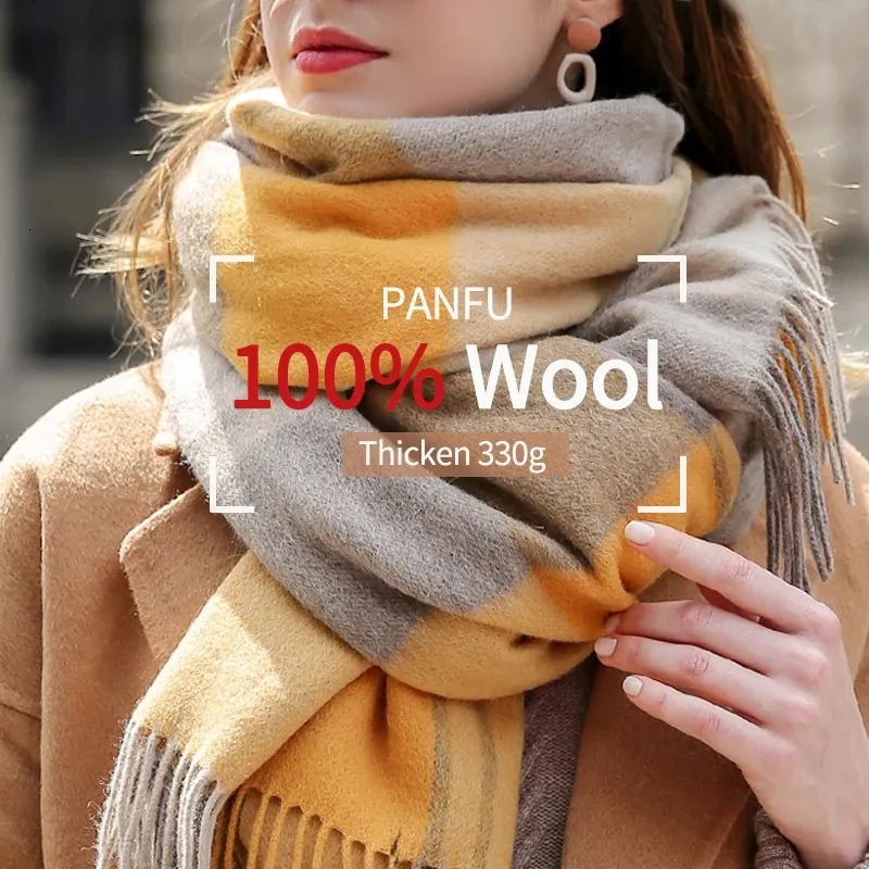 Inverno 100% cachecol de lã para mulheres pescoço mais quente caxemira xales e envoltórios echarpe pashmina senhoras xadrez lã cachecóis foulard femme 240111