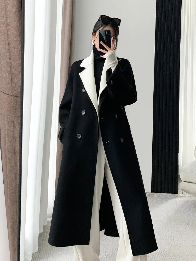 2024 Winter Korean Fashion Warm Artificial Wool Coat Retro Double Chest Jacket Loose Patch Work Cashmere Coat 240112