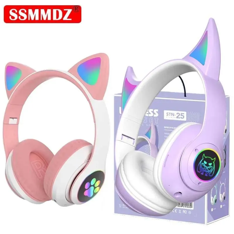 Casque STN25 casque sans fil corne du diable V5.0 casque Bluetooth LED lumière clignotante écouteurs de loisirs avec micro HD pour enfants cadeau