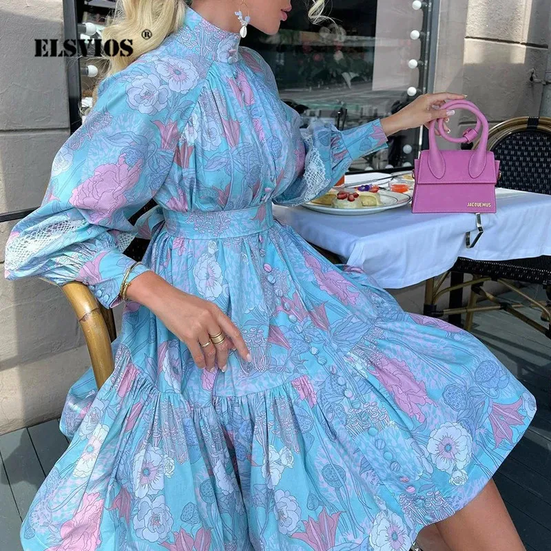 Spring Autumn Woman Printed Long Sleeve Boho Midi Dress Elegant High Waist Stand Collar Buttons Slim Dresses Lady Party Vestidos 240111