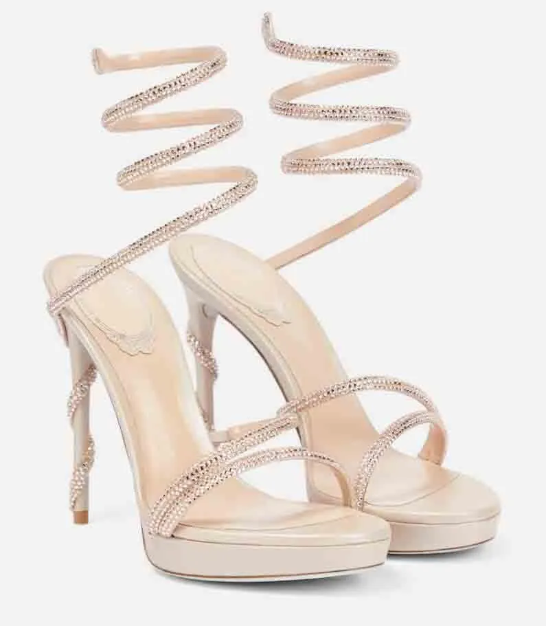 Nya bröllopsfest sandalskor utsmyckade margotplattform Sandaler Cleo Strass Strap Summer Cool High Heel Super Heels äkta läder och Sliver Sole Shoe Box