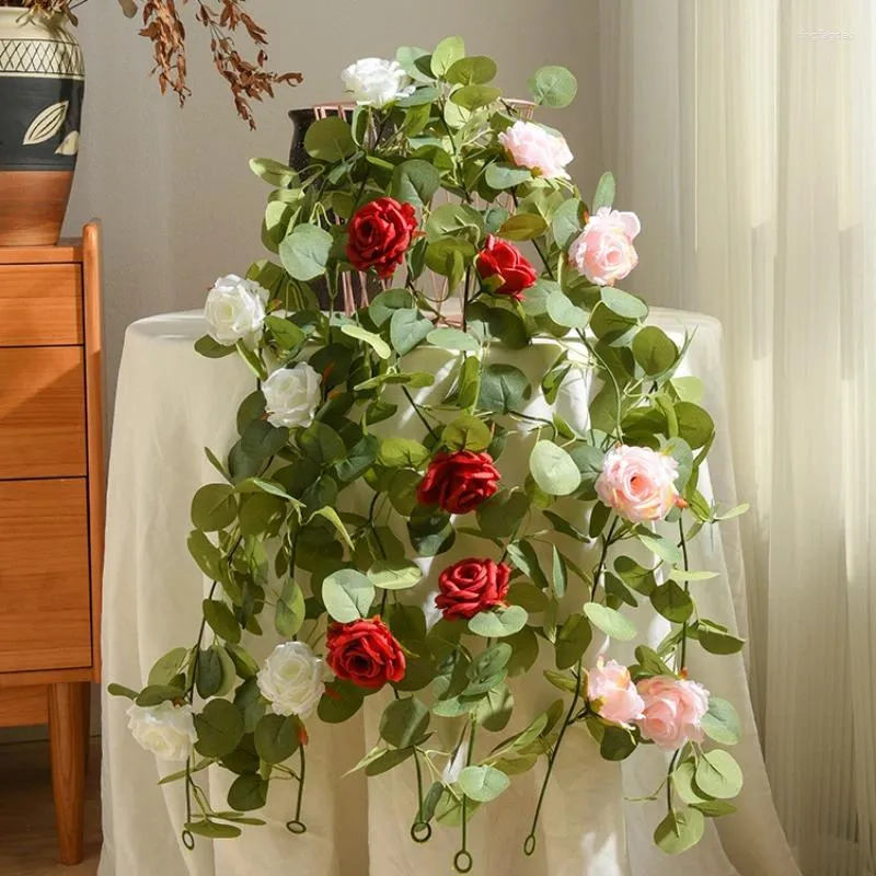 Decorative Flowers 170CM Artificial Flower Spring White Silk Fabric Home Decoration Wall Hanging Wrapped With Vines Eucalyptus Rose