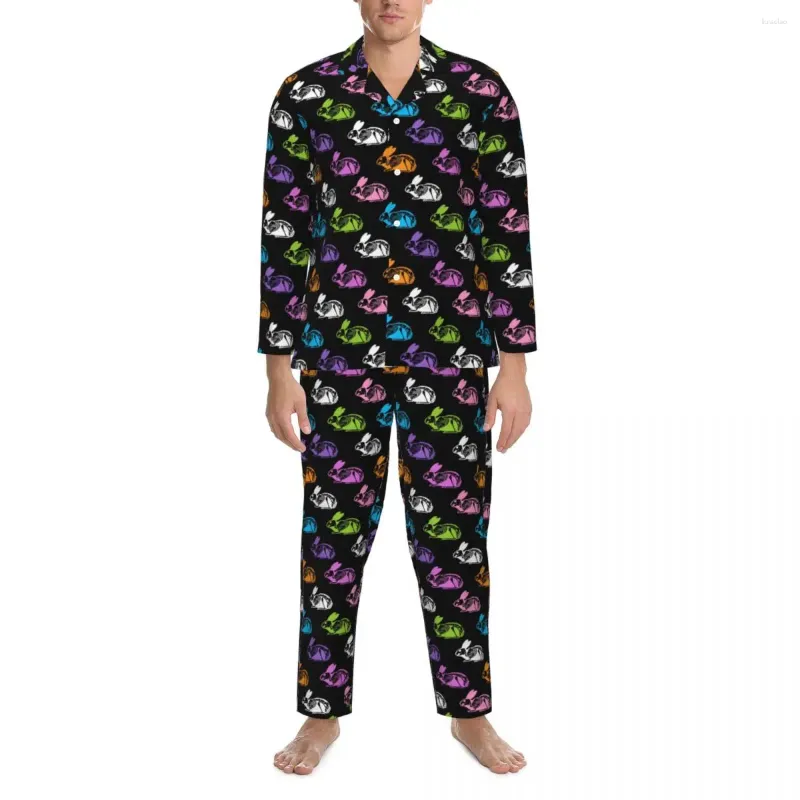 Men's Sleepwear Skeleton Rabbits Autumn Colorful Print Retro Oversized Pajama Set Male Long-Sleeve Cute Bedroom Pattern Home Suit