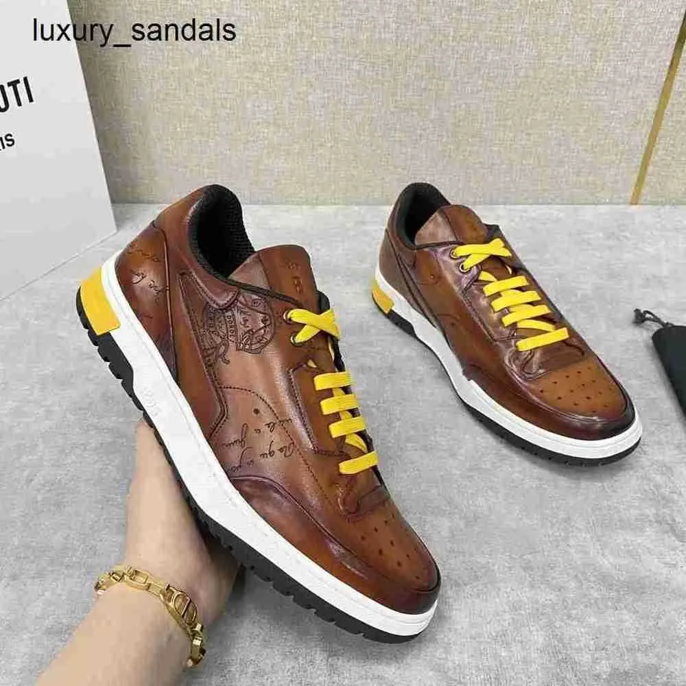 Berluti Mens Shoes Playoff Leather Sneakers Berlut New Mens Calf Brush Color Retro Fashion Sports Scritto Pattern Trendy Casual Rj 11J5