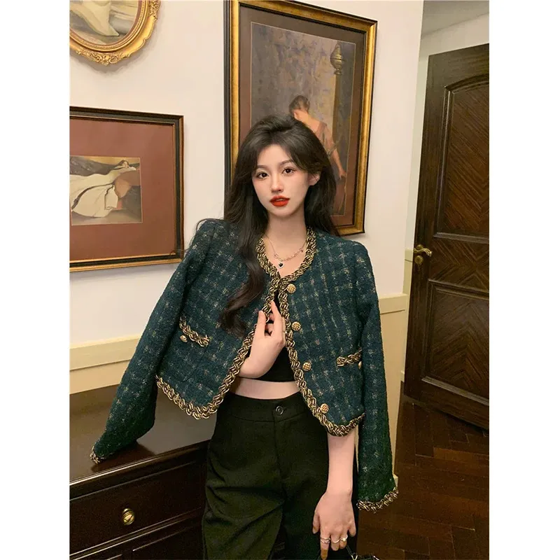 MEXZT Vintage Cropped Tweed Jas Vrouwen Elegante Blazer Koreaanse Enkele Breasted Korte Jassen Herfst Winter Chic Pak Bovenkleding 240112
