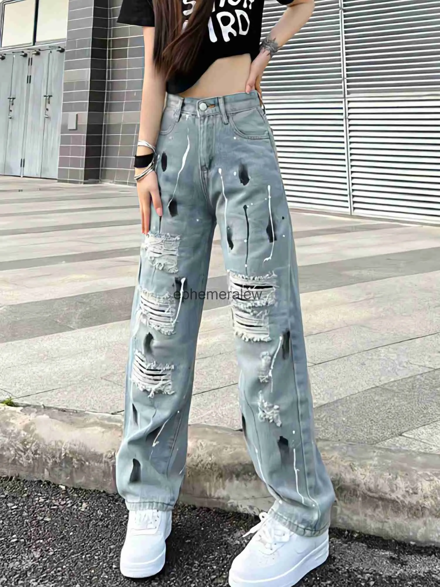 Jeans pour femmes Pantalons Capris Y2K Vêtements Femmes Splatted Ink Torn Wash Graffiti Hole Fashion Loose Straight Wide Leg Pantalon 90s Vintage Vêtements