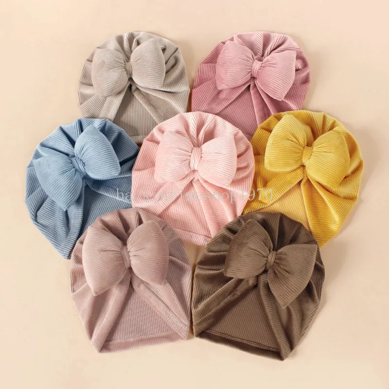 Grand nœud papillon pour bébés filles, Turban chaud pour nouveau-né, Bonnet Vertical en velours côtelé pour enfants, casquette Skullcap, chapeau indien d'hiver