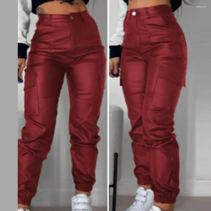 Pantalon femme Faux cuir lisse taille haute élastique dame pantalons longs poches à la cheville fermeture éclair coupe ajustée moto