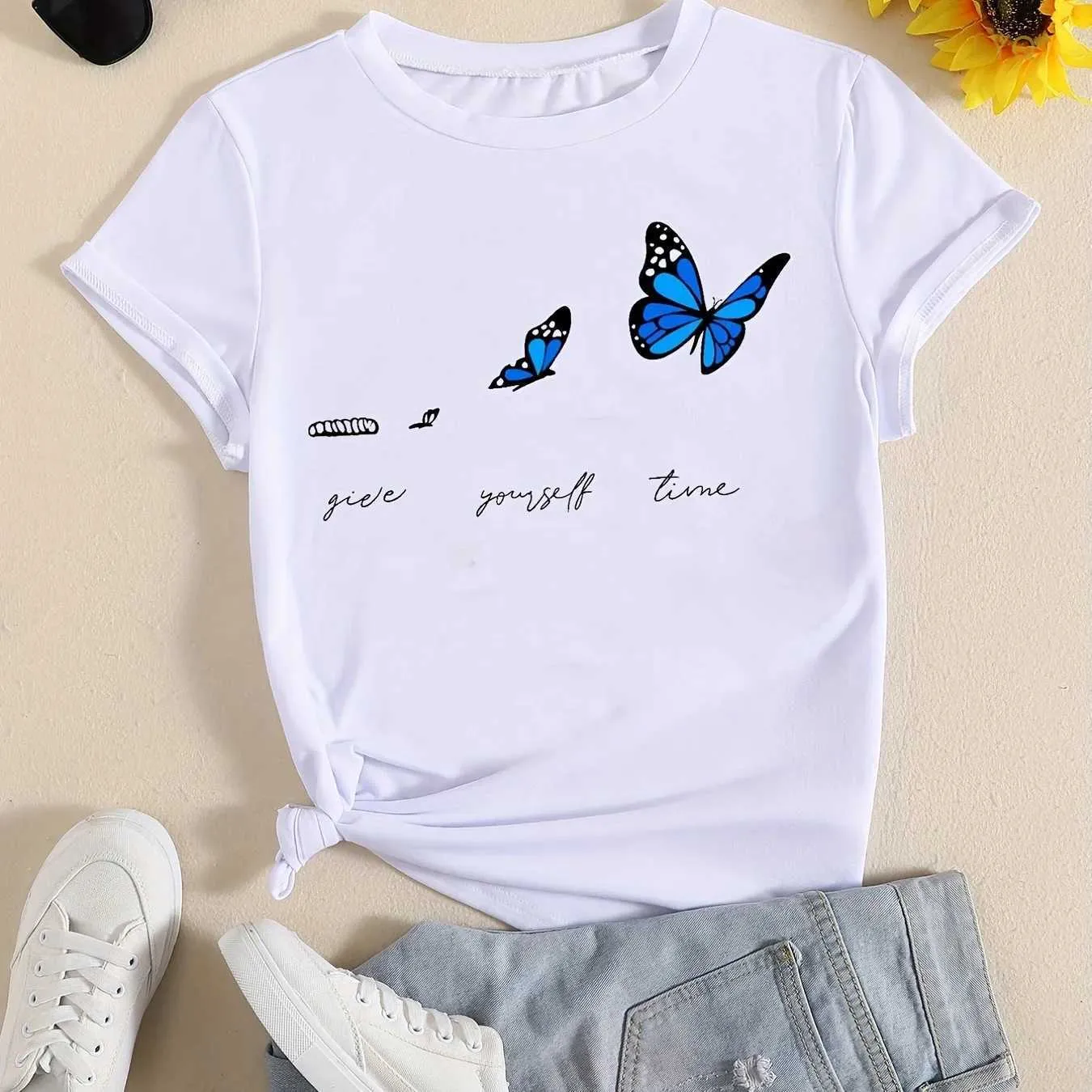 Butterfly Print Kobiet Tshirt z krótkim rękawem