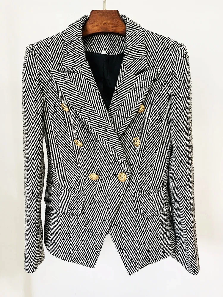High Street Est FW Designer Woolen Coat Womens Slim Montering Lion Button HerringBone Striped Tweed Jacket Blazer 240112