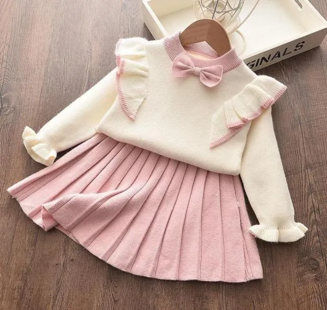 2020 Nuovo autunno e inverno Kids Girls Set maglione lavorato a maglia top gonna a pieghe abito abito 2 pezzi set di abbigliamento16Y vestiti per bambina 87365829