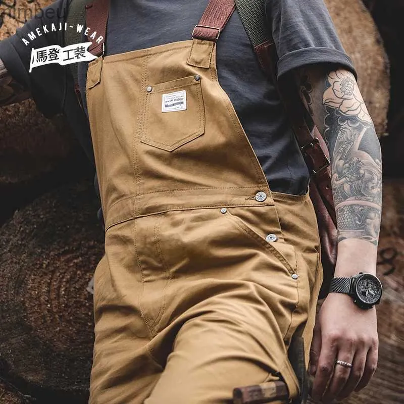 Men's Jeans Maden Vintage Jeans Overalls Mens Jumpsuit Cargo Work Pants Baggy Bib Contrast Stitch Denim Overalls Stitch Trousers NewL240111