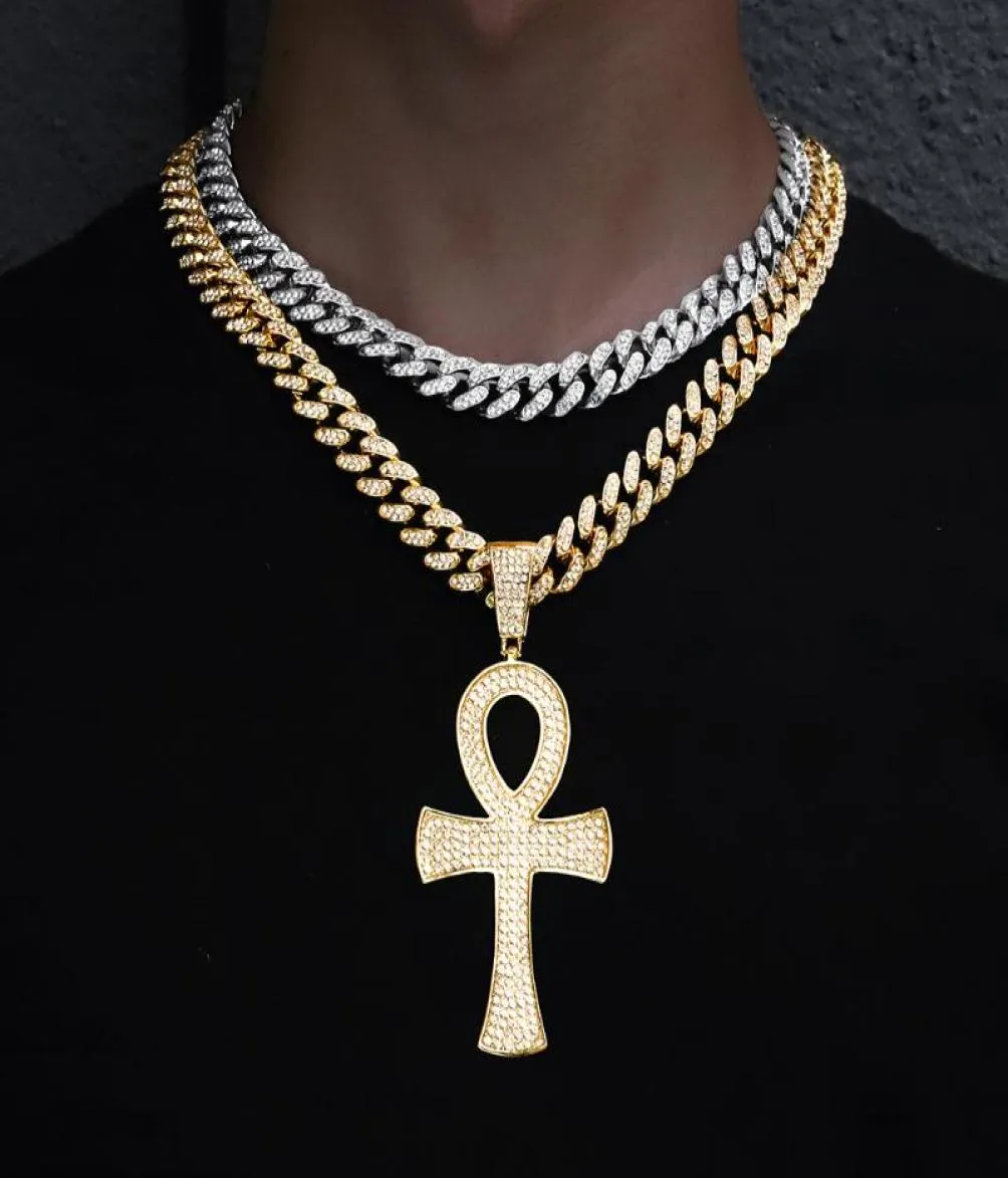 Catene Collana Ankh egiziana Fascino Ciondolo da uomo Catena di corda Chiave della vita Strass ghiacciato Gioielli hip hop cubani6744219