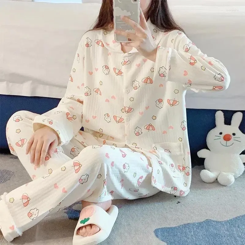 Pigiama da donna in cotone con maniche femminili, pigiama lungo invernale, completo da casa, abbigliamento, stampa allentata, Kawaii