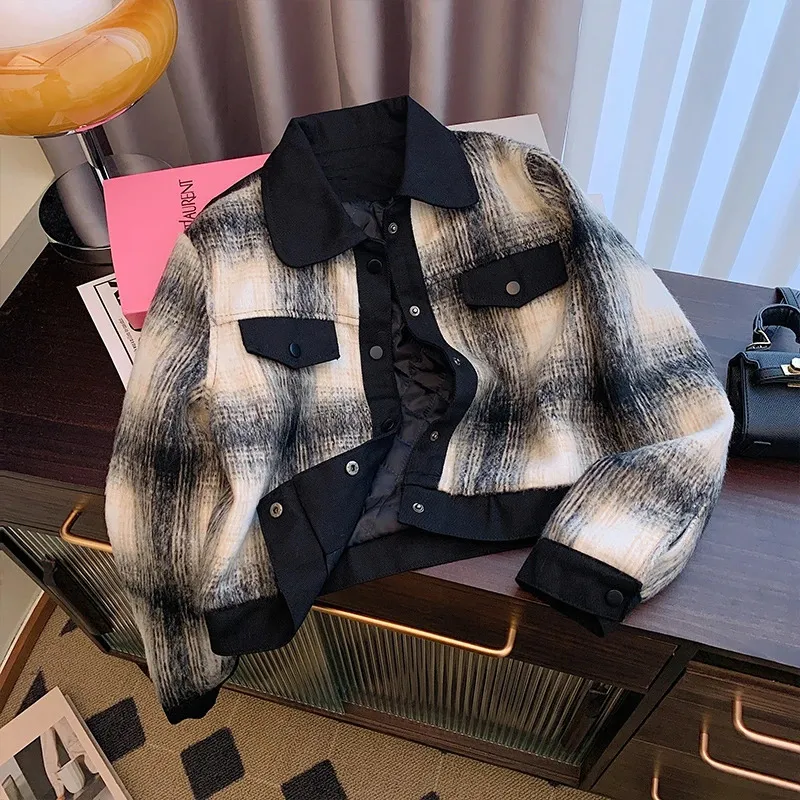Outono inverno feminino gravata tingida linha xadrez padrão jaqueta estilo casual manga longa denim emenda polo gola casaco feminino 240111