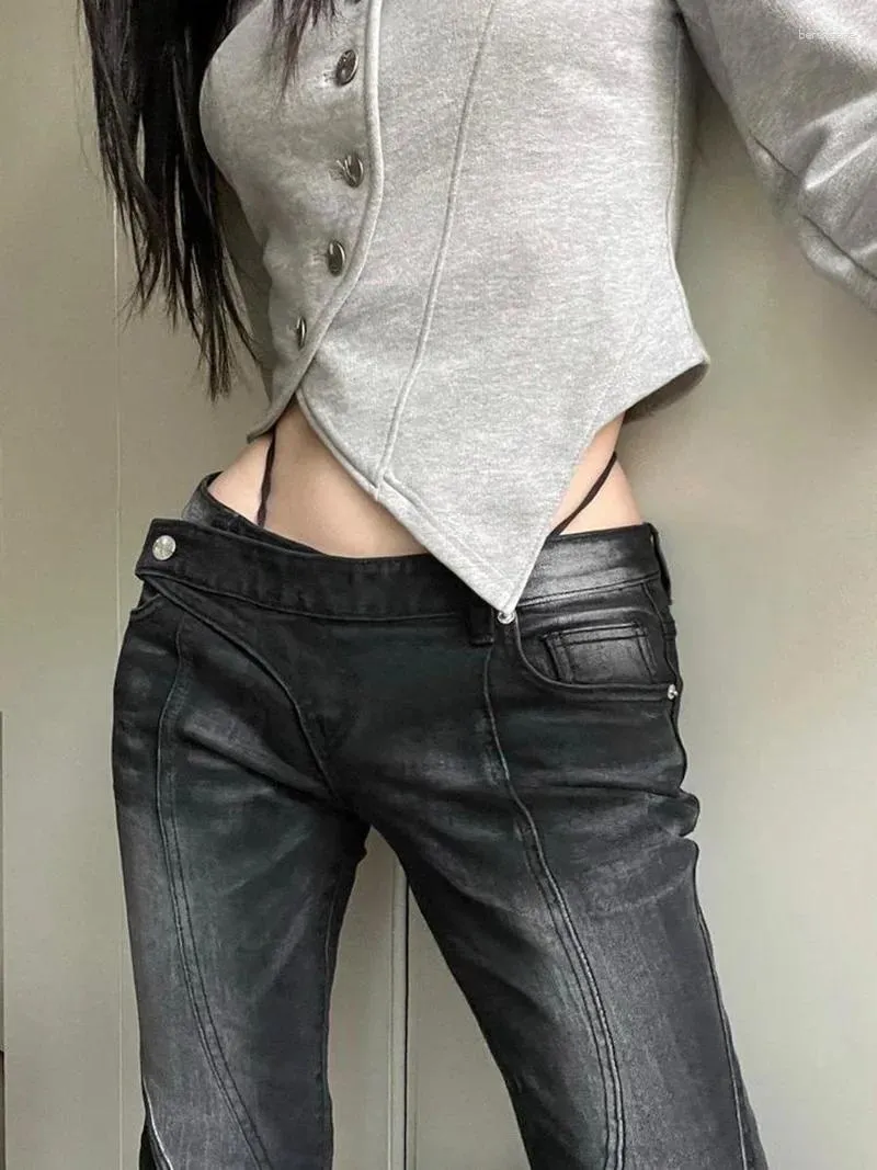 Spodnie damskie 2024 Vintage w trudnej sytuacji w niskiej talii seksowne szczupłe dżinsy kobiety wiosenne koreańskie styl uliczny plisowany w pełni mecz z szeroką nogą