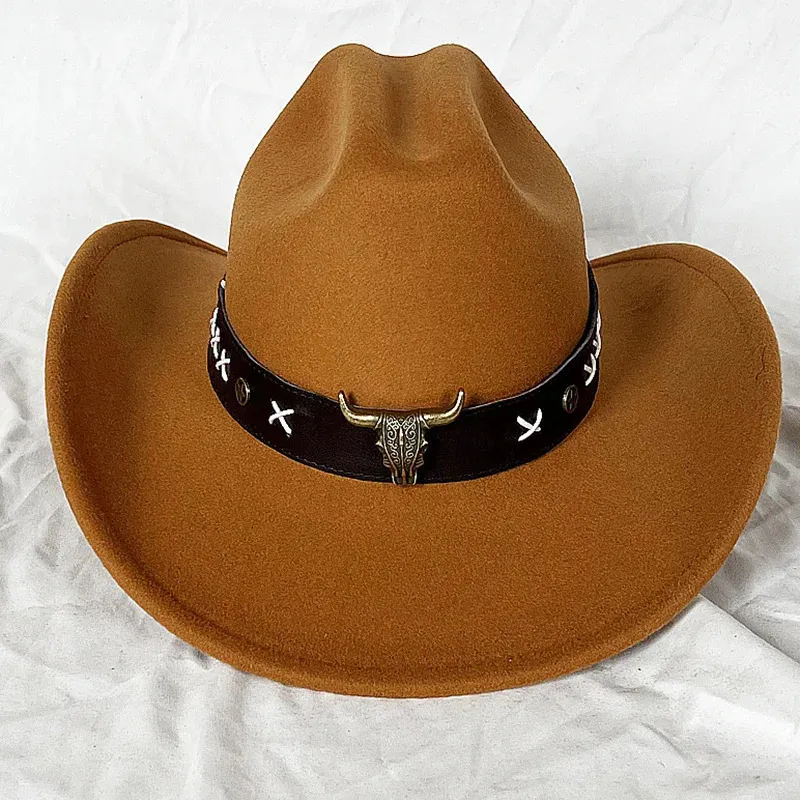 Chapeau de Cowboy avec étiquette de vache 3D, grand Cowboy à la mode, chapeau en feutre ethnique tibétain, Fedora Sombrero Hombre 240111