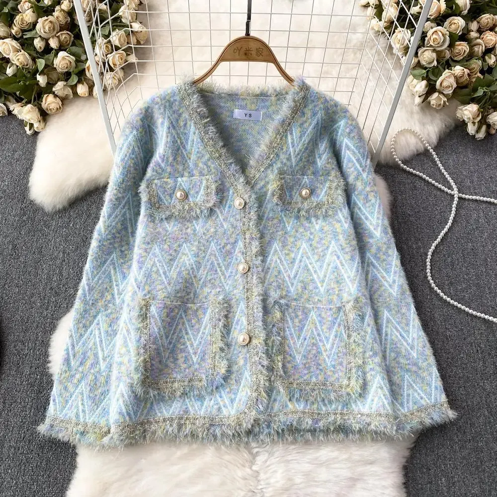 Autumn Winter Vintage Tweed Jacket Coat Women Korean Small Fragrance Thick Woollen Cropped Coats Elegant Short Outerwear 240112