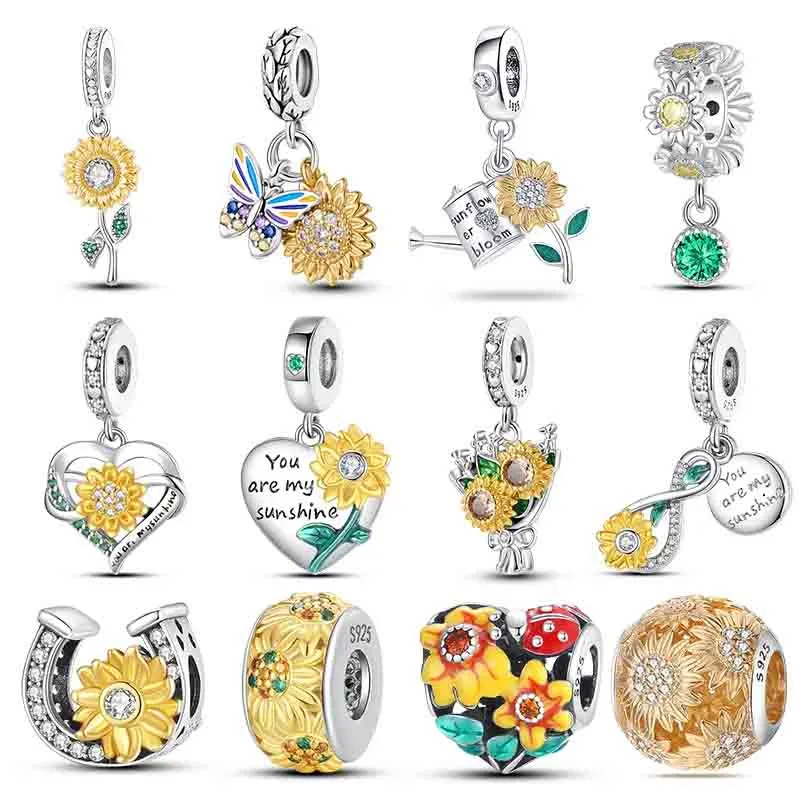 925 sterling Silver Fashion Golden Sunflowers Heart Charms Beads Fit Pando 925 Bracelets Origin