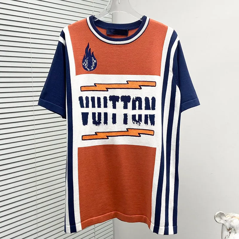 24ss primavera nova chama de malha de manga curta camiseta bordada jacquard chama de manga curta algodão masculino camiseta laranja chama vintage roupas esportivas