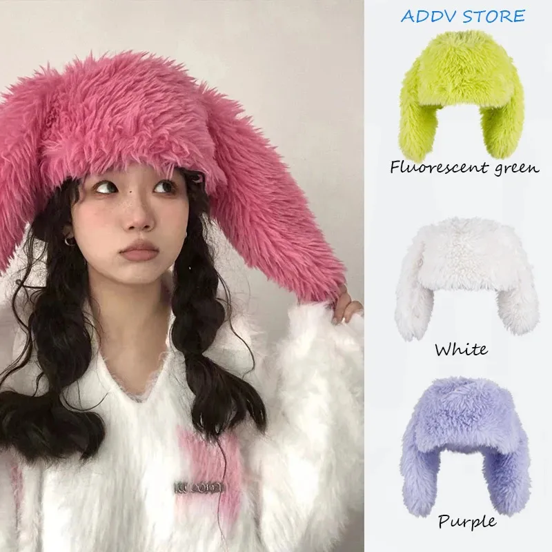 Y2K Sweet Cute Rabbit Ears Thickened Warmth Cold Fisherman's Hat Bonnets for Women Personality Beanie Bomber Balaclava Caps 240111