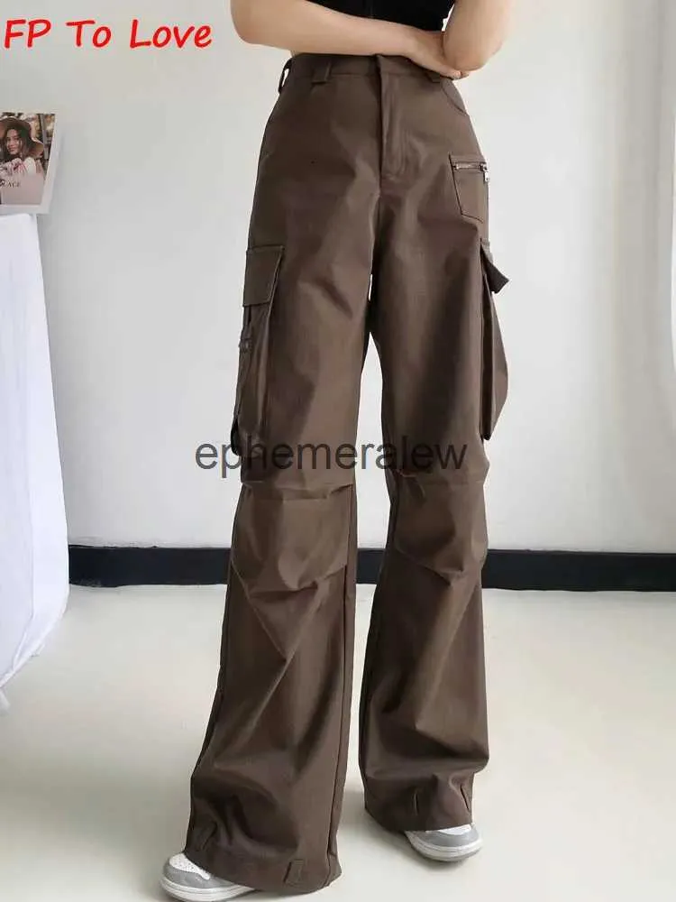 Damenhose Capris Y2K Neutral Braun Cargo Lose Tasche Breites Bein Hose Frau Weiblich Straße Stylisch Herbst Frühling PB ZA Qualität