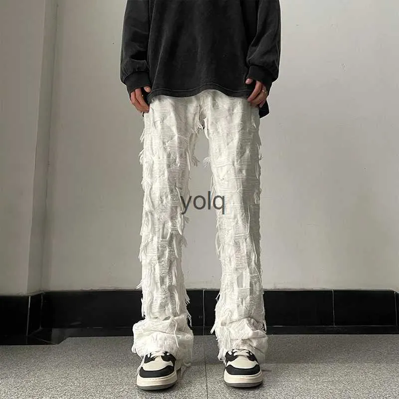 Jeans da uomo Bla Bianco con nappa Jeans skinny a zampa d'elefante Streetwear Tinta unita Jeans slim fit casual Pantaloni lavati danneggiati Jeanyolq in difficoltà